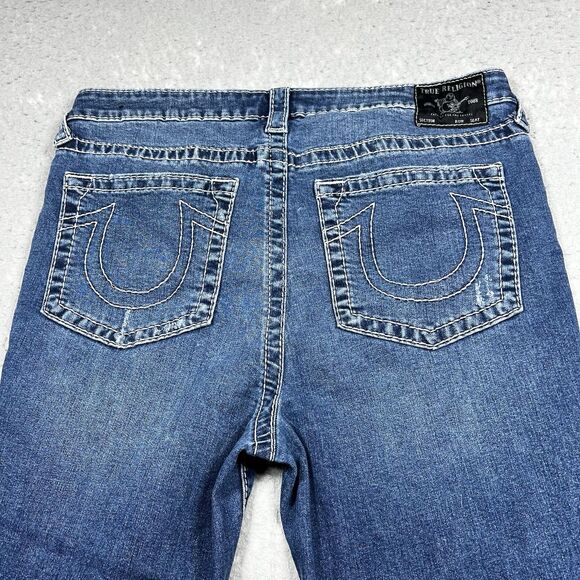 True Religion Rocco Relaxed Skinny Jeans Womens Sz 34 Blue Dark Wash Distressed - Picture 11 of 16